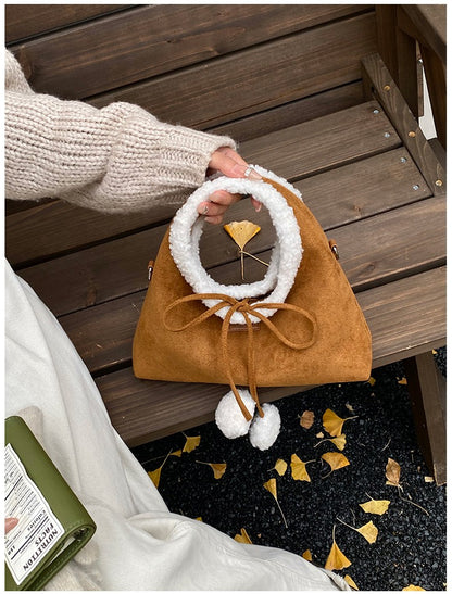 Faux Suede Solid Color Bow Hairy Cute Women's Handbags Christmas Gift Giving Fashion Bags 2025 Autumn/winter New Shoulder Bags