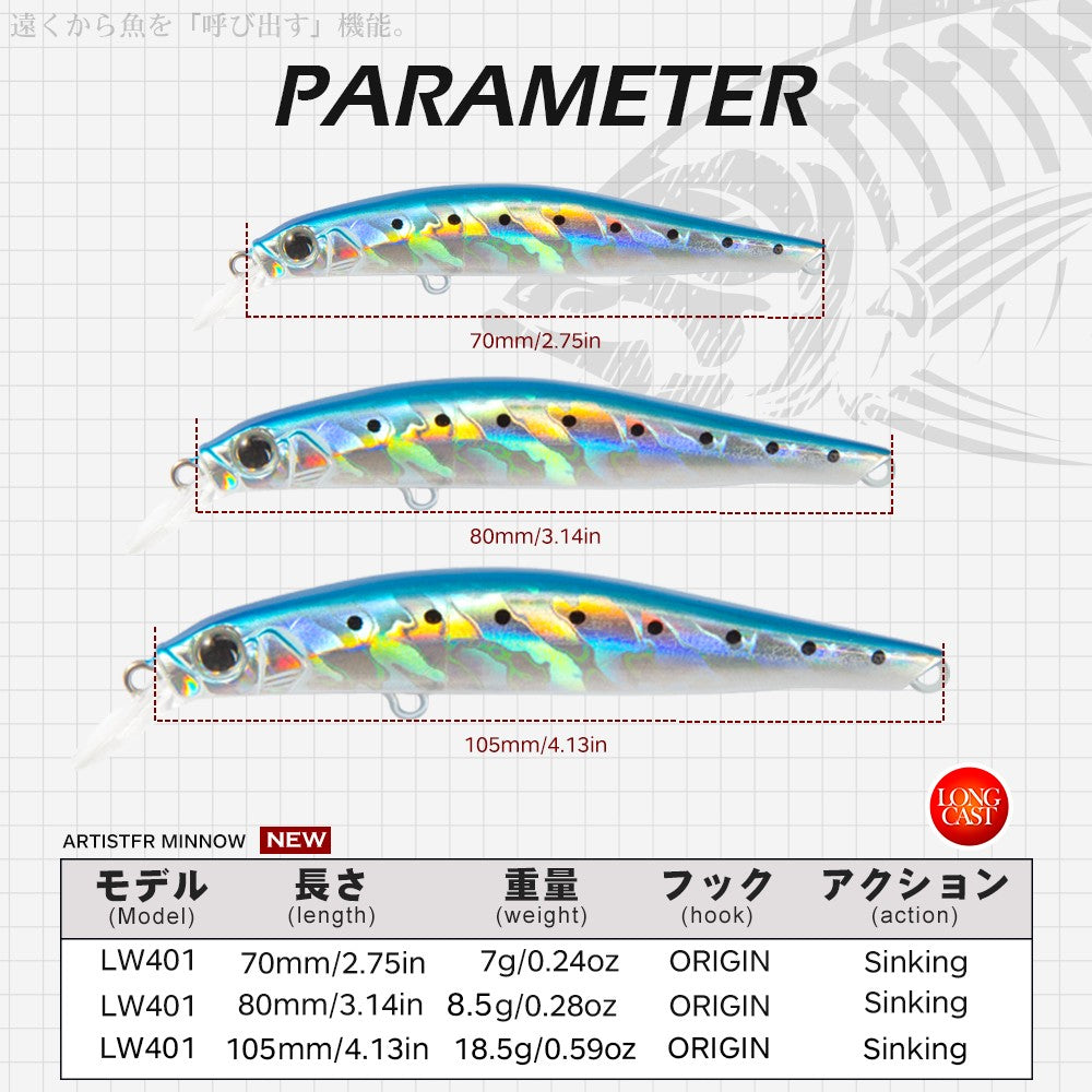 Isca de Pesca de Truta Hunthouse Isca Rígida Sinking Jerkbait 70/80/105mm 7/8.5/18.5g Artist Minnow Isca de Pesca Marinha Twitch Para Robalo