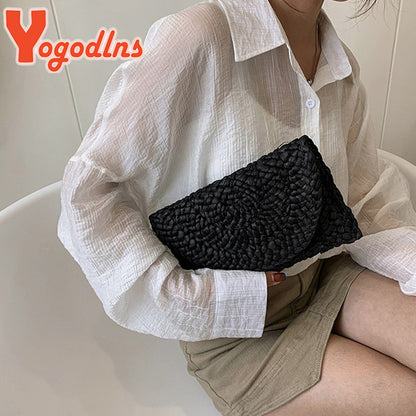 Yogodlns Corn Husk Weave Dinner Clutch Bag Women's Fashion Simple Straw Large Purse Woman Summer Casual Vacation Ladies Wallet
