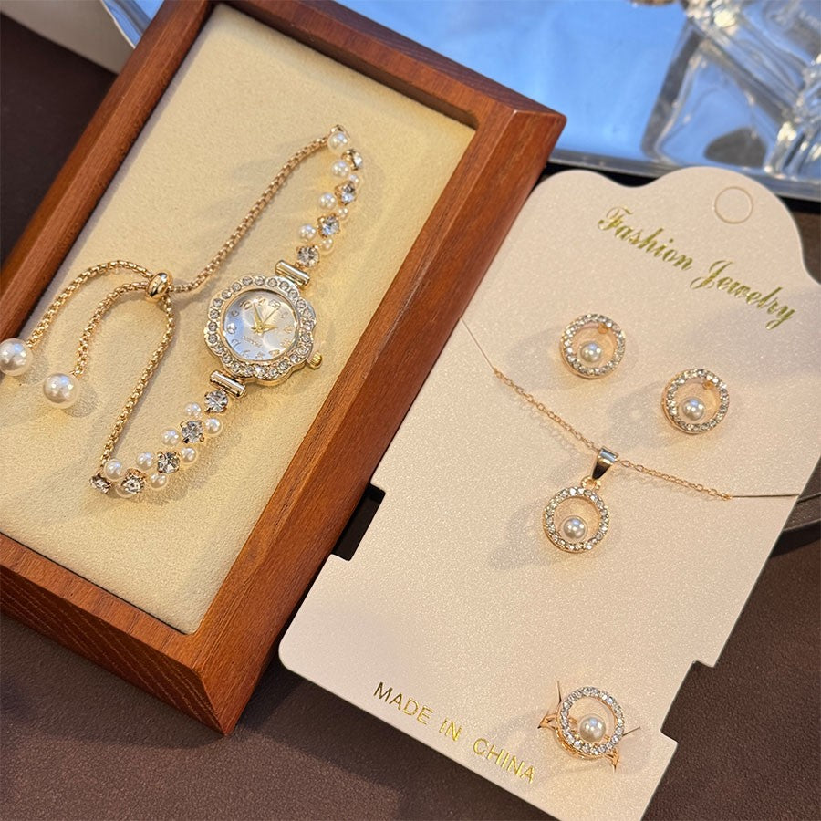 4-Piece Set Pearl Watch Chain Arabic Numeral Quartz Watch Large Pearl Necklace Diamond-Encrusted Ring And Earrings Jewelry Gift