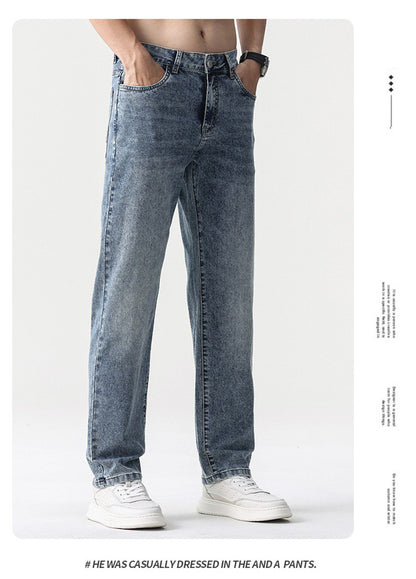 Calça Jeans Masculina Clássica Solta Reta Wide Leg de Sarja Lavada de Alta Qualidade Masculina Fina Fresca Elástica Masculina Casual de Caimento Regular