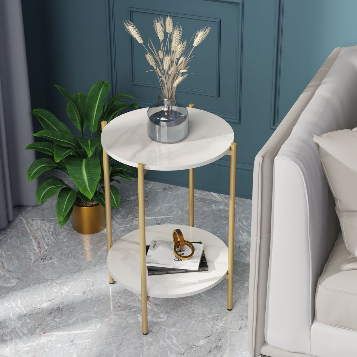 2 Tiers Solid Marble Sofa Side End Coffee Table Living Room Bedroom Round Nesting Table Nightstand Metal Frame