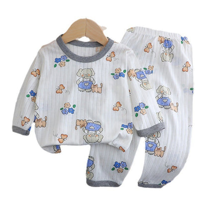 Kids Boys Girls Summer Cotton Thin Pajamas Cute Cartoon Print Long Sleeve T-shirt Tops+Pants Baby Clothing Sets