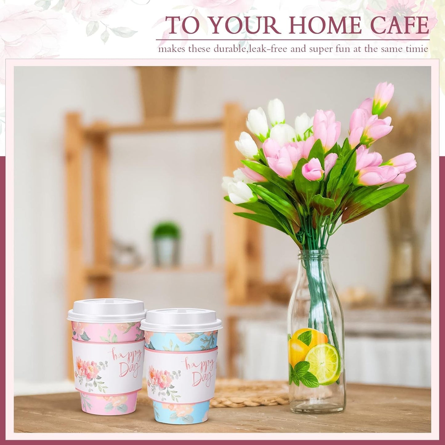 100 Copos de Café Descartáveis Florais de 12oz com 100 Tampas e 100 Luvas Copos de Papel Isolados para Bebidas Quentes