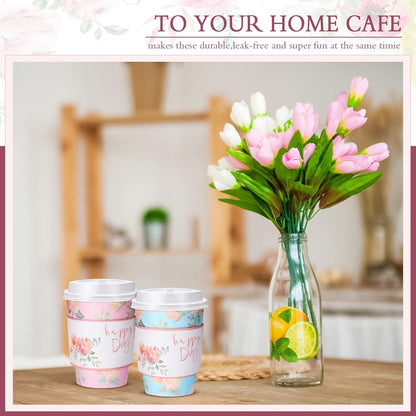100 Copos de Café Descartáveis Florais de 12oz com 100 Tampas e 100 Luvas Copos de Papel Isolados para Bebidas Quentes