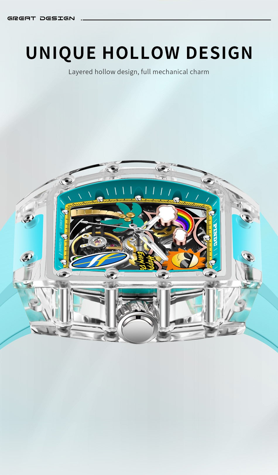 New PINDU Watch Unique Dial Design Style Men Mechanical Watch Summer Beach Fashion Watch Glowing Waterproof Resin silicone strap