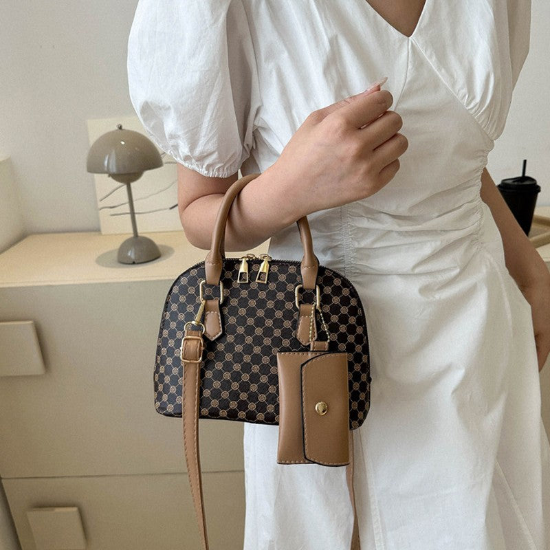 Luxury Shell Fashion Women's Handbag Simple Shoulder Bag Plaid Print Crossbody Bag with Mini Purse