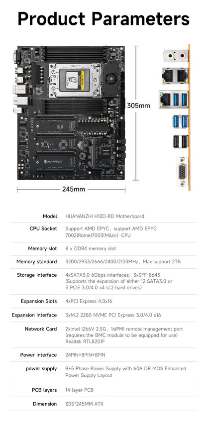 HUANANZHI H12D 8D AMD  Motherboard with BMC module support AMD EPYC 7002 7003 series CPU 8 channel memory Dual 2.5G network