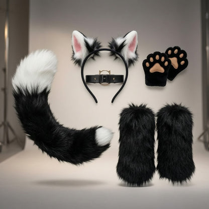 Costume Set Fox Tail Ears Gloves Artificial Fur Boot Covers Cosplay Halloween Prop Adult Women Men Unisex