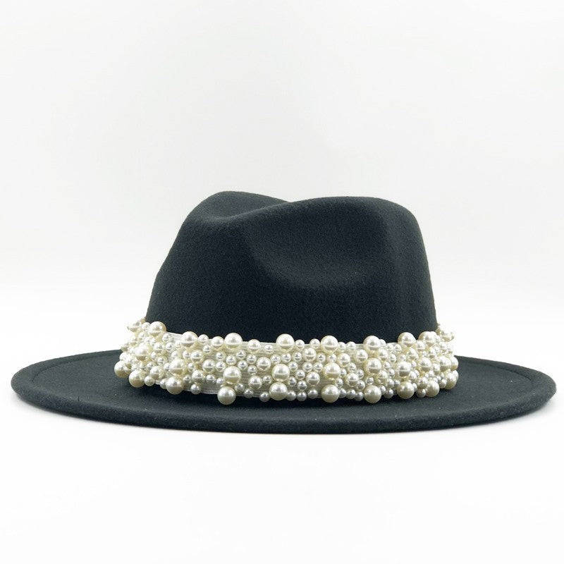 Chapéu Fedora De Lã Feminino Masculino Com Fita De Pérolas Cavalheiro Elegante Senhora Inverno Outono Aba Larga Igreja Panamá Sombrero Boné De Jazz 60CM