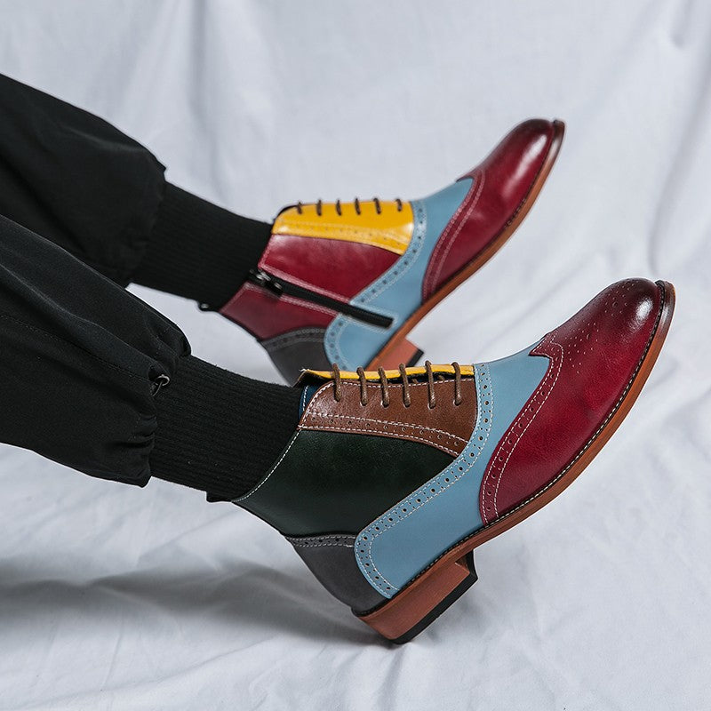 Luxury Fashion Men Leather Boots Flats British Style Sharp Pointed Color Matching Men Shoes Mens Slip-on Outdoor Flats Size 48