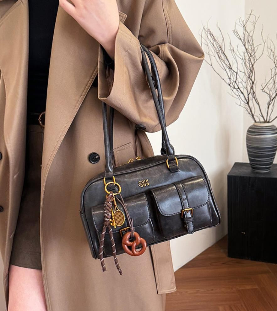 Women's Coffee Brown Multi-Pocket Handbag Shoulder Bag, Stylish Versatile Letter Crossbody Purse for Travel Work Shopping Dates