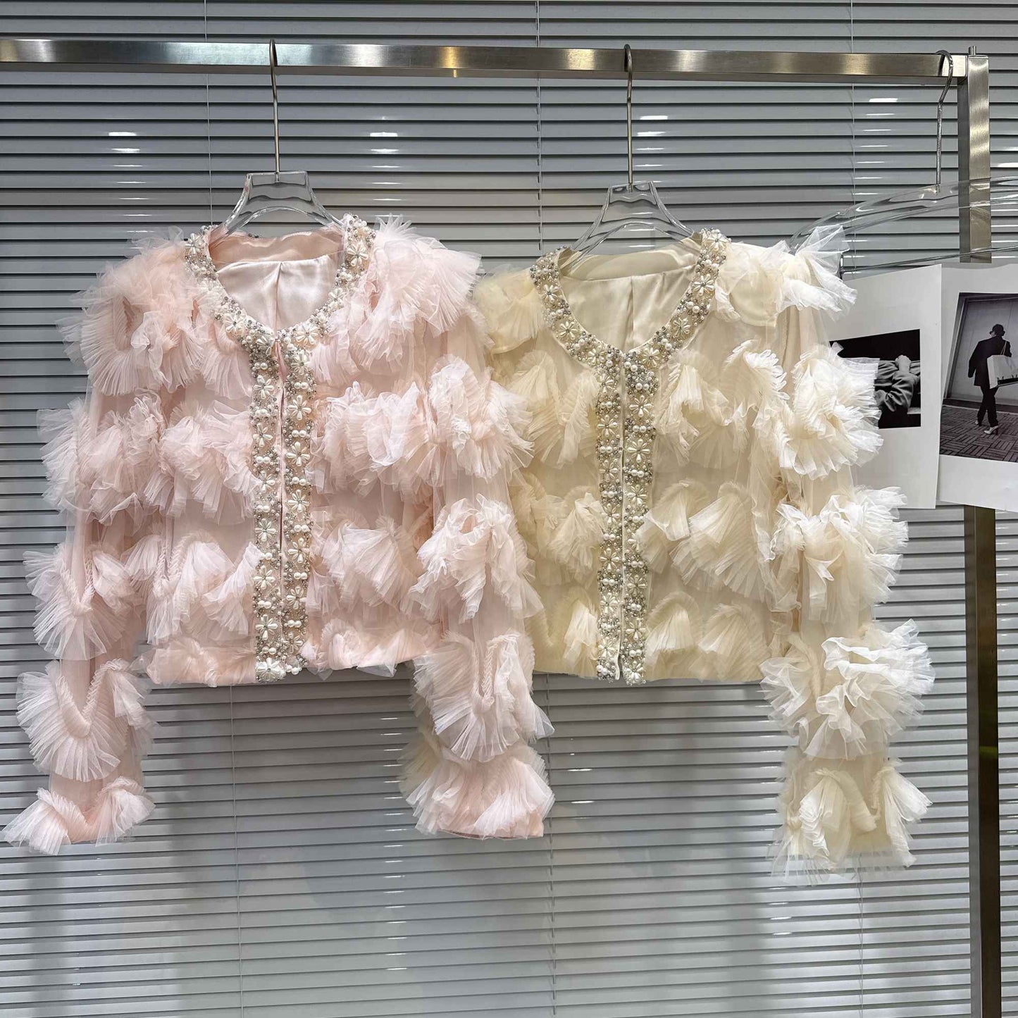 2025 Autumn New French Pearl Lace Layered Mesh Jacket Top