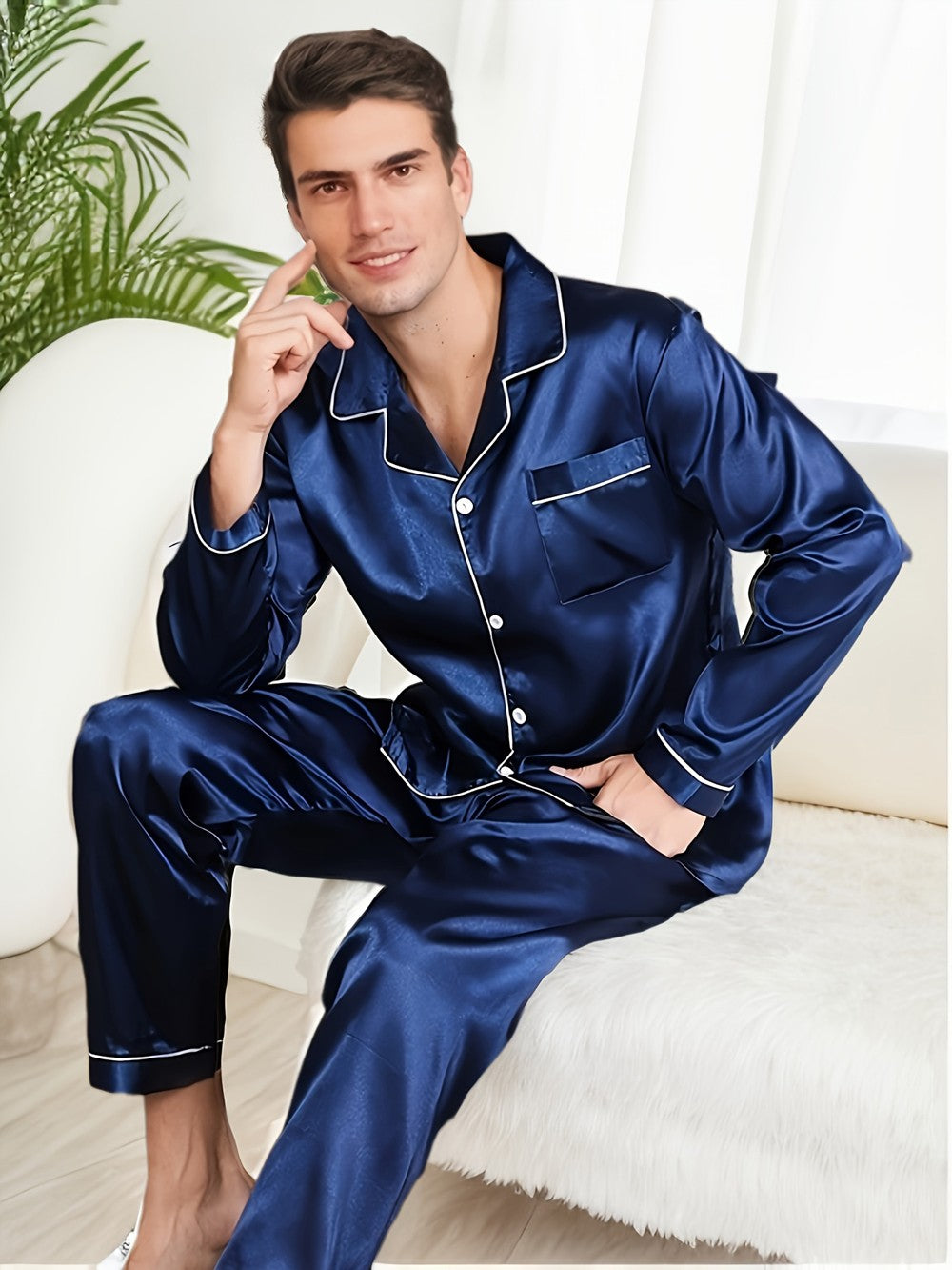 Men Pajama Sets Microfiber Sleepwear For Sleeping Man Shirt Satin Long Sleeve Pyjamas Male Home Night Wear Big size Loungewear