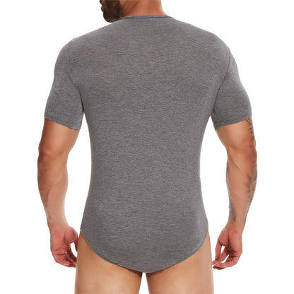 Men Short Sleeve Bodysuit Press Botton Crotch Shirt Pajamas Bodysuit Undershirts Leotard Top
