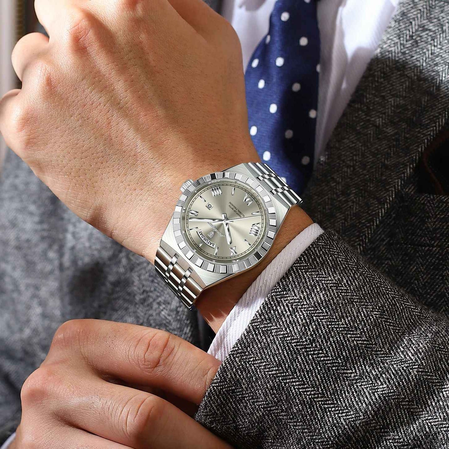 POEDAGAR Luxury Business Man Watch Week Date Waterproof Luminous Watches For Men Stainless Steel Quartz Fashion Men's Wristwatch