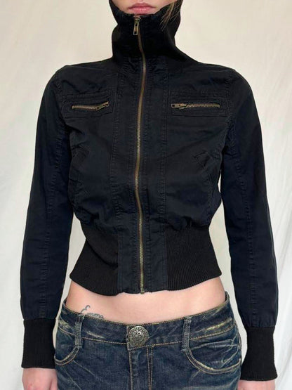 Vintage Cropped Jackets for Women Harajuku Casual Slim Fit Zipper Coat Y2K Streetwear Long Sleeve Outerwear Autumn