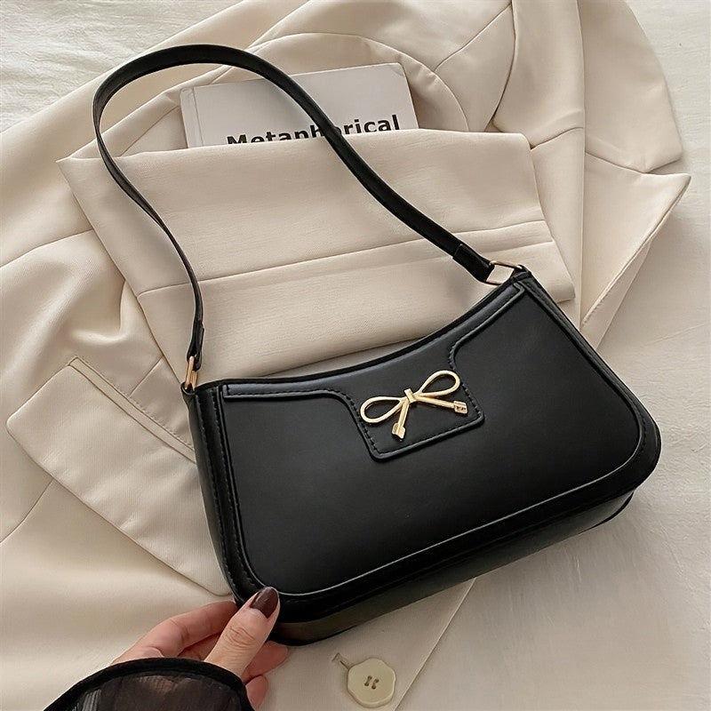 Chic Black Crescent Shoulder Bag for Women Elegant Underarm Purse with GoldenTone Bow Detail Polyester Lined Stylish PU Tote Bag