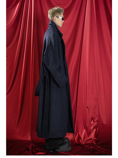 Mauroicardi Autumn Winter Oversized Extra Long Warm Navy Blue Wool Blends Coat Men Loose Luxury Designer Woolen Overcoat 2024