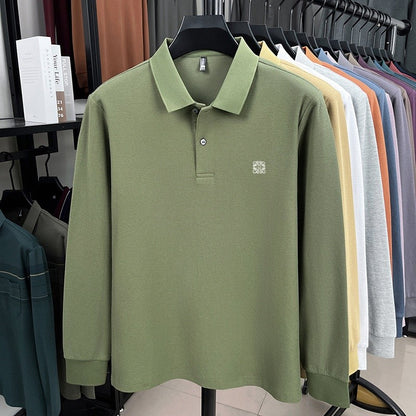 100% pure cotton spring and autumn fashionable men's collar striped long sleeved polo shirt brand embossed casual T-shirt