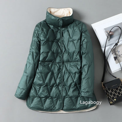 Lagabogy 2025 New Autumn Winter Women Ultralight White Duck Down Long Jacket Female Single-Breasted Double Sided Puffer Coat