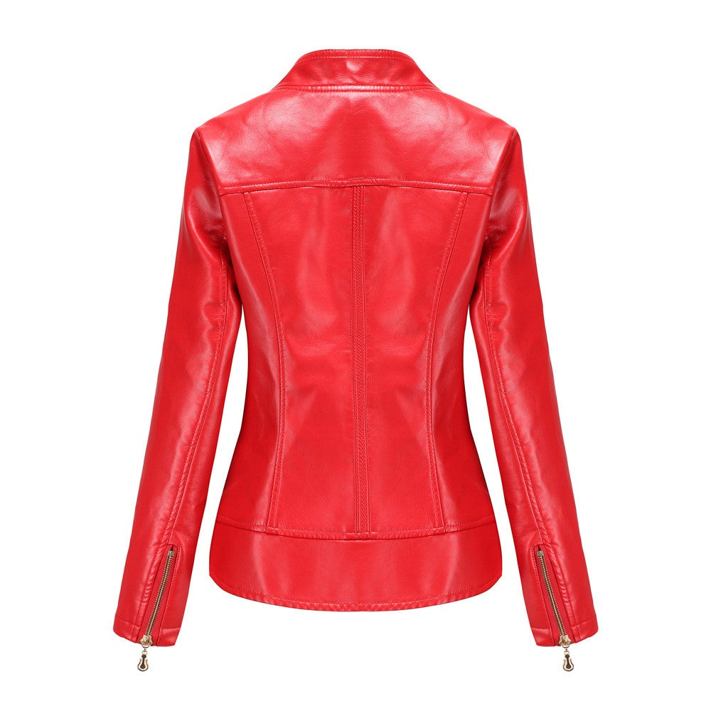 Women's Bright Red Lapel PU Jacket, Zippered Embellished Leather Jackets, Women Fashion Casual Coat of Female Outerwear