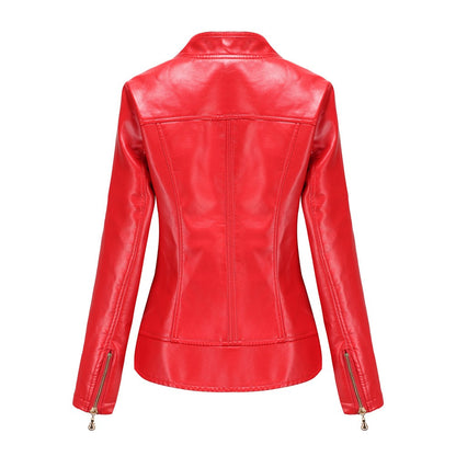 Women's Bright Red Lapel PU Jacket, Zippered Embellished Leather Jackets, Women Fashion Casual Coat of Female Outerwear