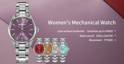 BERNY Automatic Women Watch PT5000 Sapphire Mechanical Elegant Women's Swim Watches 20ATM Full Stainless steel Swim Wristwatch