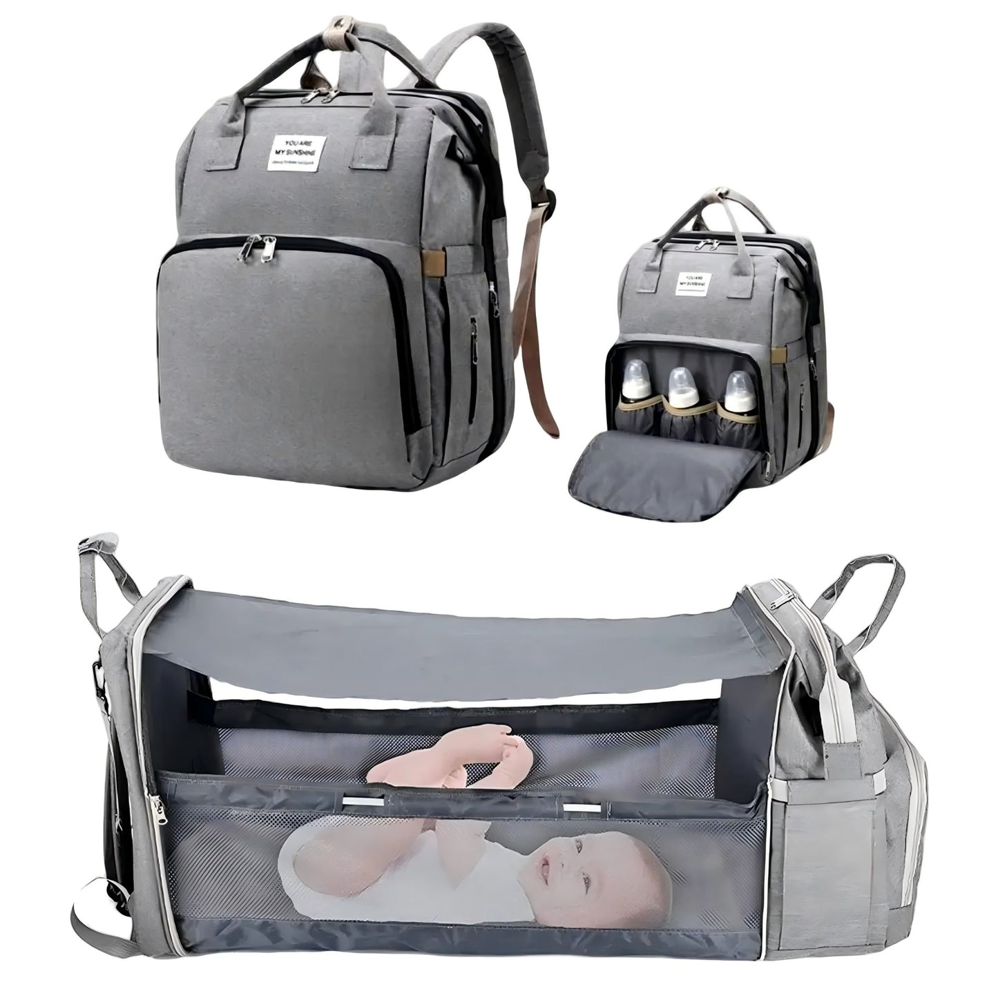 Mochila-berço 3 em 1 dobrável à prova d'água com USB para viagem e para troca de fraldas 3 tipos