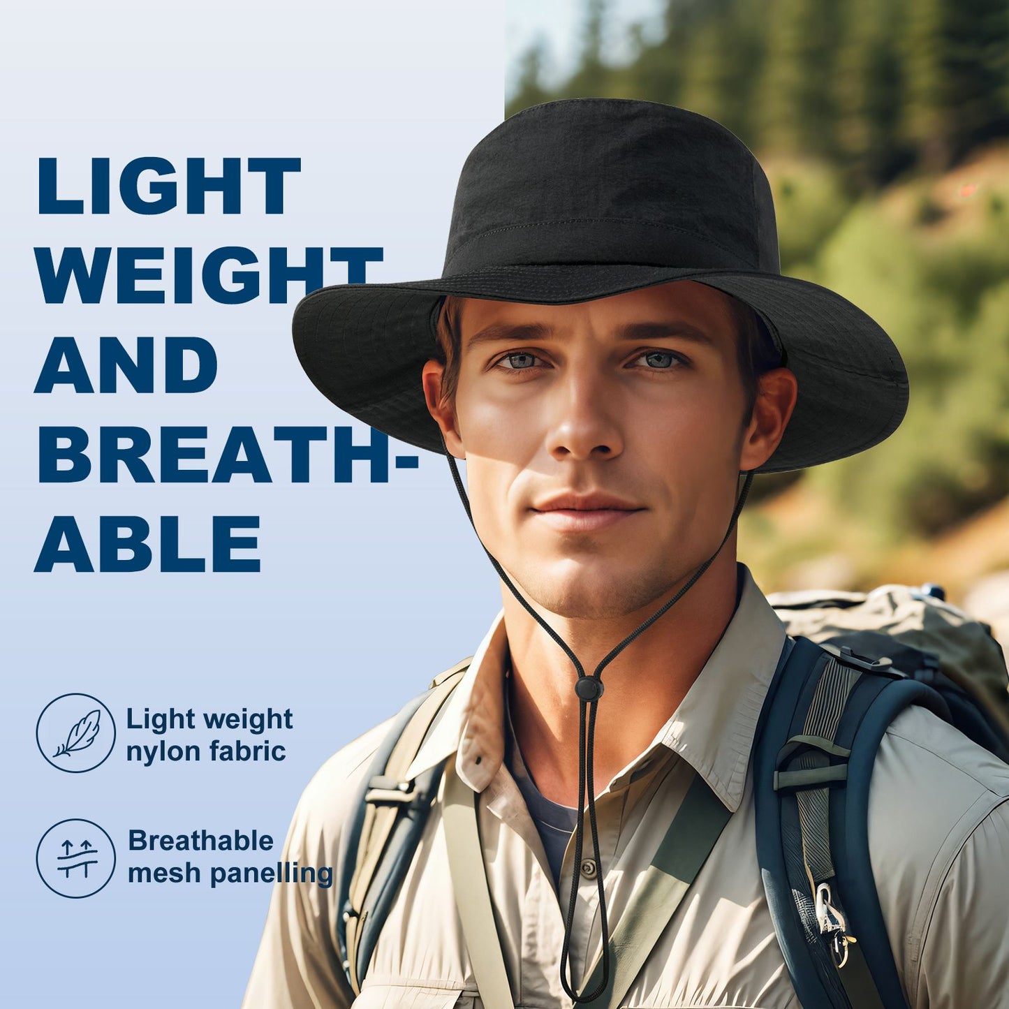 Chapéus Bucket Unissex FEICUI para Mulheres e Homens, Respiráveis, Proteção Solar, Aba Larga, Chapéus de Pesca e Praia com Tiras para o Queixo