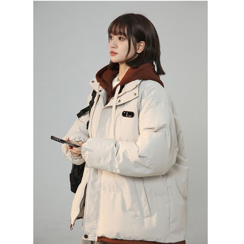 Korean Version New Fashion Letter Patch Fake Two Piece Cotton-padded Jacket Y2K Harajuku Vintage Thick Bread Loose Student Coats