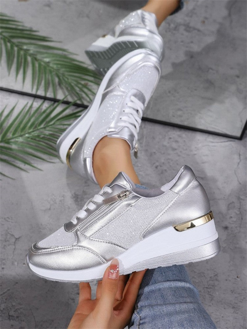 Fashion Thick Bottom Silver Sneakers Women 2025 Spring Wedge Heel Vulcanized Shoes Woman Comfortable Lace Up Sport Sneaker Mujer