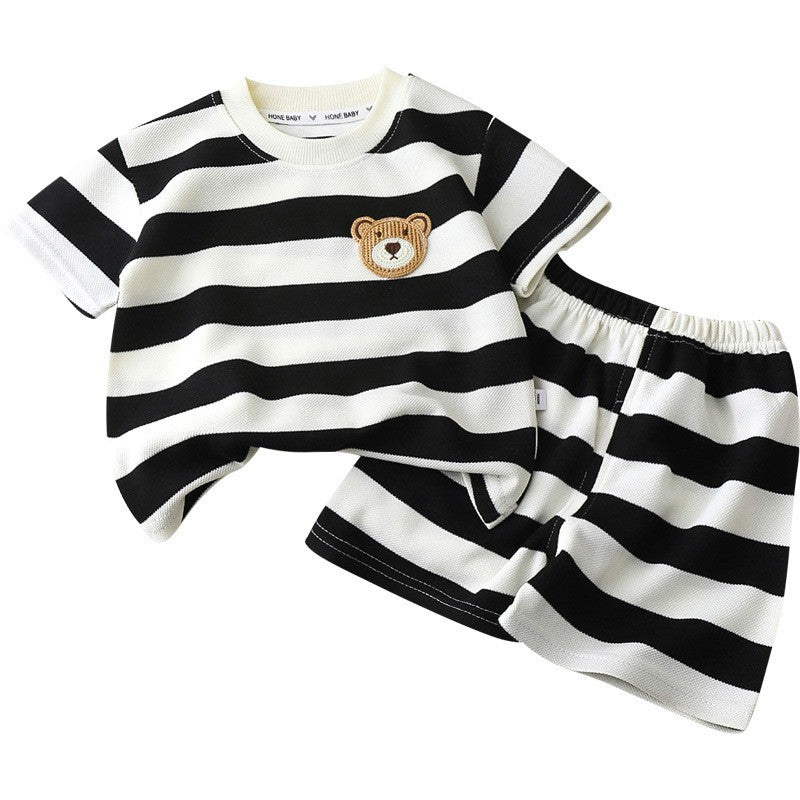 Conjunto Infantil 2PÇS Novo Verão Manga Curta +Shorts Listrado Menino Menina Criança Camiseta Roupa de Bebê Roupa Infantil