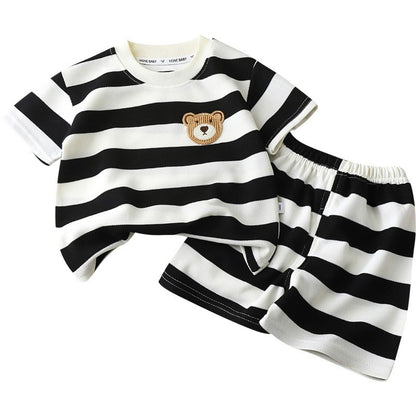 Conjunto Infantil 2PÇS Novo Verão Manga Curta +Shorts Listrado Menino Menina Criança Camiseta Roupa de Bebê Roupa Infantil