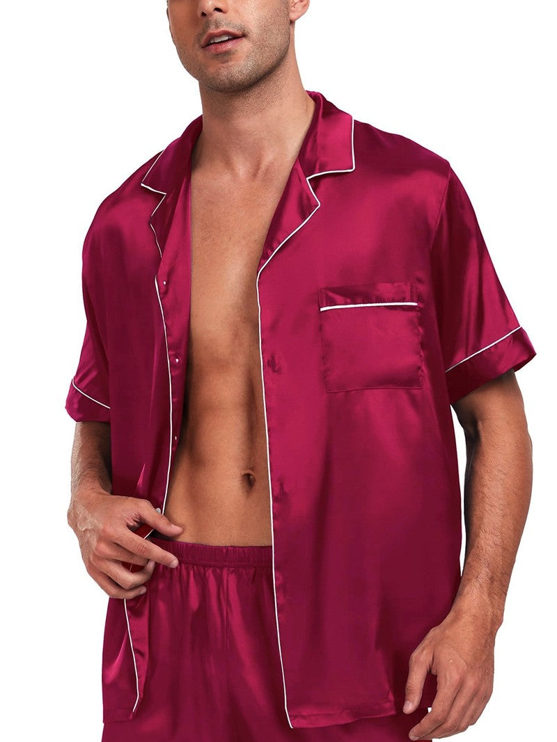 Men's Luxury Satin Pajama Set Short Sleeve Lapel Front Buttons Top And Elastic Shorts Comfortable Fit Loungewear Sleepwear Pjs