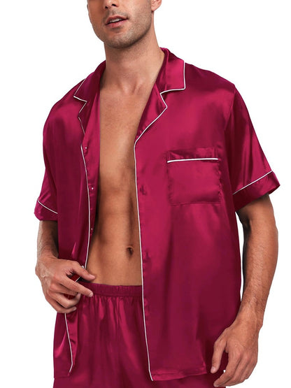 Men's Luxury Satin Pajama Set Short Sleeve Lapel Front Buttons Top And Elastic Shorts Comfortable Fit Loungewear Sleepwear Pjs