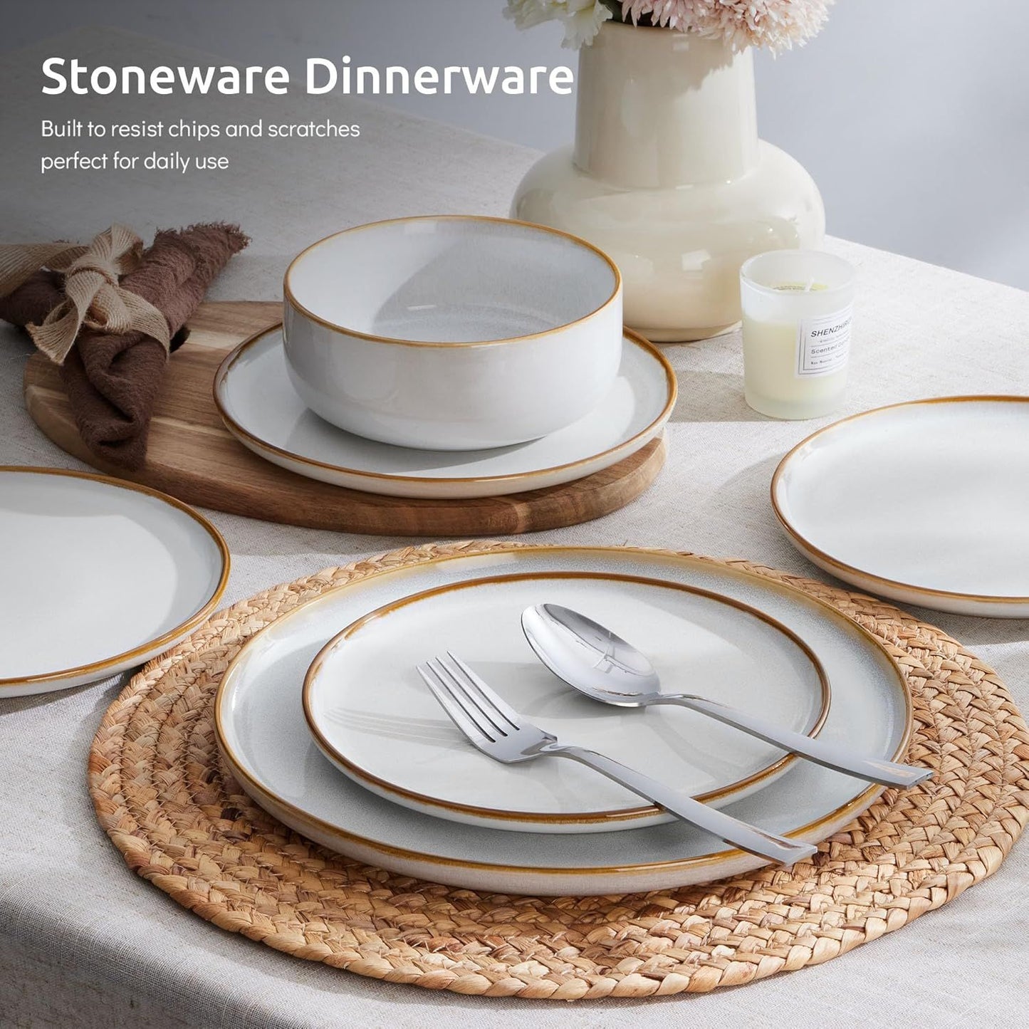 Conjunto de Pratos e Bowls para 4, Aparelho de Jantar em Grés de 12 Peças, Conjunto de Louças de Cerâmica com Esmalte Reativo, Micro-ondas e Lava-louças