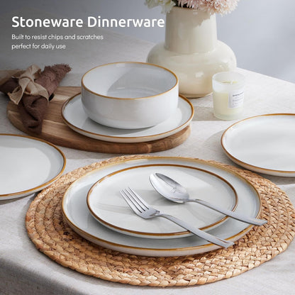 Conjunto de Pratos e Bowls para 4, Aparelho de Jantar em Grés de 12 Peças, Conjunto de Louças de Cerâmica com Esmalte Reativo, Micro-ondas e Lava-louças