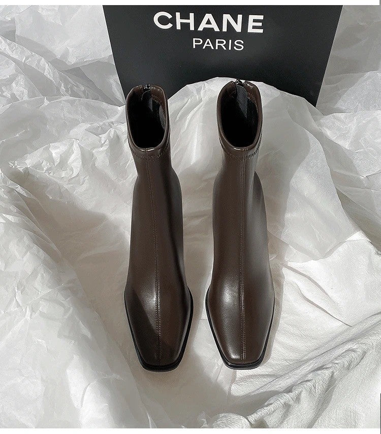 Autumn and Winter New Brown Short Boots with Velvet Coarse Heel French Ankle Boots and Back Zipper Square Head Boots