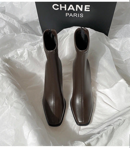 Autumn and Winter New Brown Short Boots with Velvet Coarse Heel French Ankle Boots and Back Zipper Square Head Boots