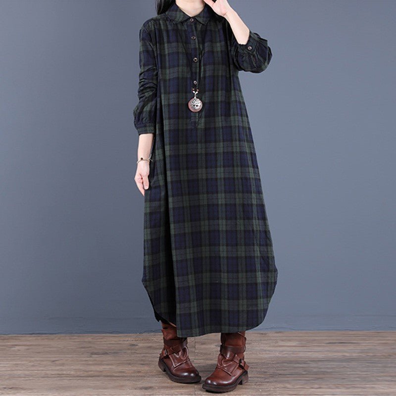 Spring And Autumn New Women's Fashion Loose Splicing Plaid Collar Button Long Sleeve Dress Medium Length Shirt Maxi Dresses 2026