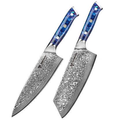 Conjunto de facas de cozinha SANMUZUO 2 peças - Série Xuan - Faca de Chef e Faca Nakiri em Aço Damasco VG10, Melhor Presente para Chefs - Cabo de Resina