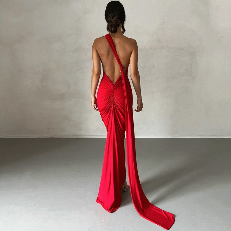 Hugcitar One Shoulder Backless Adjustable Scarf Loop Ruched Sexy Maxi Dress Wome