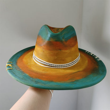 Chapéu Fedora Pintado à Mão Masculino e Feminino Chapéu Panamá Moda Primavera Outono com Pena Envolta Chapéu Fedora de Lã com Aba Grande