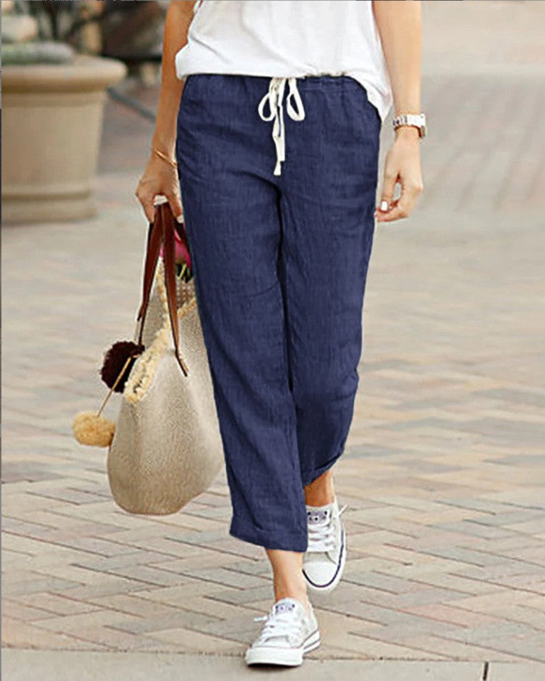 Women Cotton Linen Wide Leg Pants Summer Female Elastic Waist Drawstring Solid Loose Trousers JYFS-1616