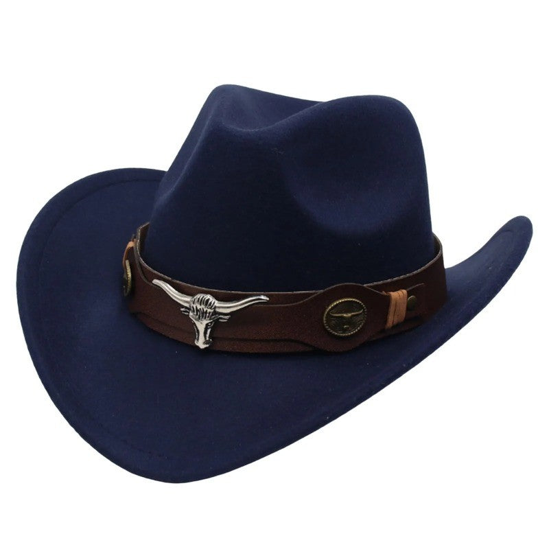 New Felt Western Cowboy Hat Ox Head Accessories Ethnic Style Roll Brim Cowgirl Cap with Cow Band Soft Jazz Fedora Hats Men