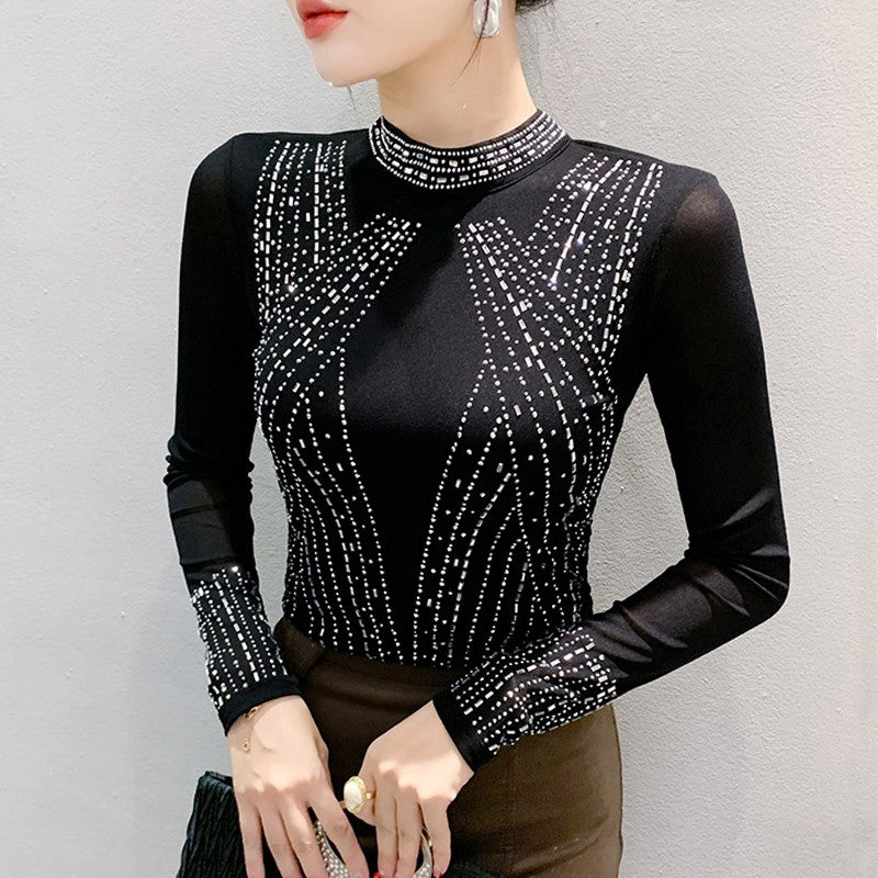 2025 European Station Long Sleeve Women Tees Autumn Winter New Stand collar Hot Diamond T Shirt Fashion Slim Mesh Tops