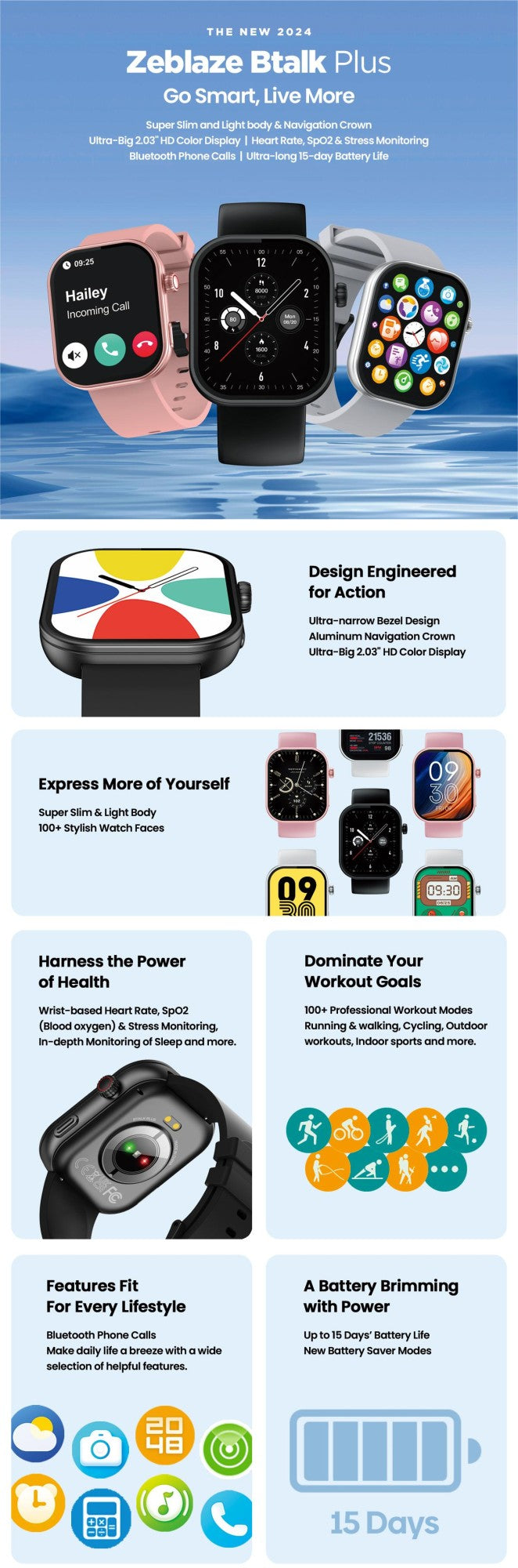Novo Smartwatch Zeblaze Btalk Plus com Chamada de Voz, Tela Colorida HD de 2,03'', Monitoramento de Saúde e Fitness para Homens e Mulheres