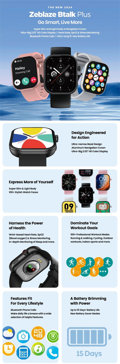 Novo Smartwatch Zeblaze Btalk Plus com Chamada de Voz, Tela Colorida HD de 2,03'', Monitoramento de Saúde e Fitness para Homens e Mulheres