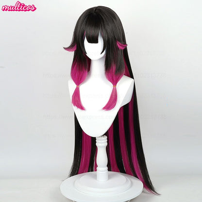 Peruca de Cosplay Columbina de Alta Qualidade 105cm Longa Lisa Preta Rosa Cabelo Sintético Resistente ao Calor Anime Fatui Cosplay Perucas + Touca de Peruca